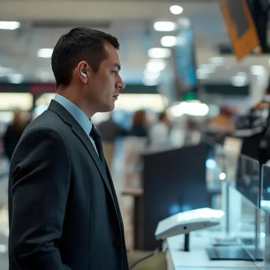 Un agent de gardiennage en civil surveille la caisse